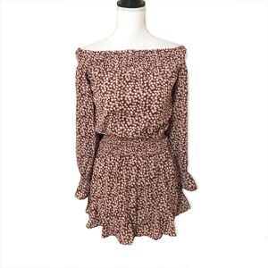 LE LIS NWT Romper Floral Off The Shoulder Sz S Brown White Ruffle Cinched Waist